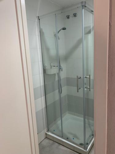 - une cabine de douche en verre dans la salle de bains dans l'établissement Apartamentos Fernando de los Rios, à Grenade
