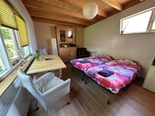 1 dormitorio con 1 cama y escritorio en una habitación en B&B 't Buitenkansje, en Almere