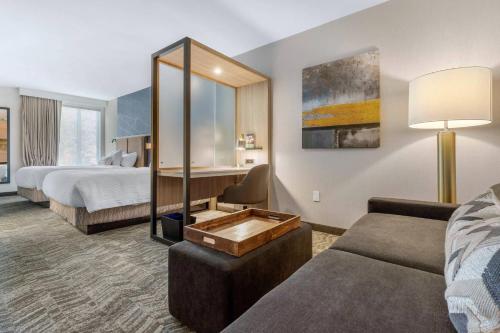 um quarto de hotel com uma cama e uma sala de estar em SpringHill Suites Charlotte Southwest em Charlotte