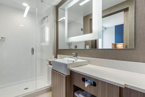 a bathroom with a sink and a shower and a mirror at SpringHill Suites Charlotte Southwest in Charlotte