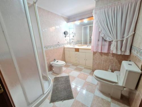 ein Bad mit einer Dusche, einem WC und einem Waschbecken in der Unterkunft Apartamento en Santa Pola playa Levante in Santa Pola