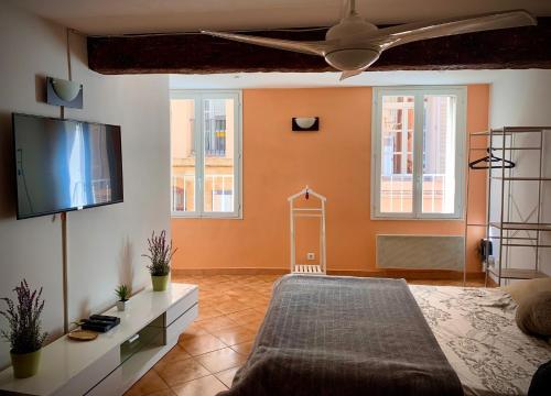 une chambre avec un lit et une télévision à écran plat dans l'établissement Studio Centre Historique Aix-en-Provence, à Aix-en-Provence