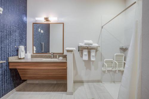 La salle de bains est pourvue d'un lavabo, d'un miroir et d'une douche. dans l'établissement Fairfield Inn & Suites Whitewater, à Whitewater