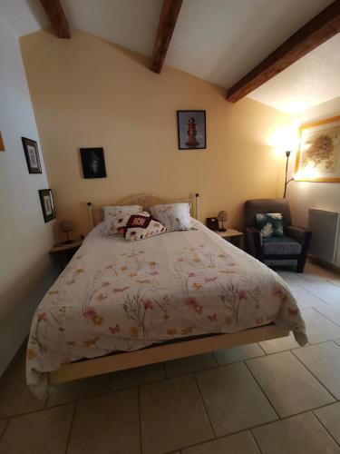 1 dormitorio con 1 cama y 1 silla en Le P'tit gîte en Saint-Privat