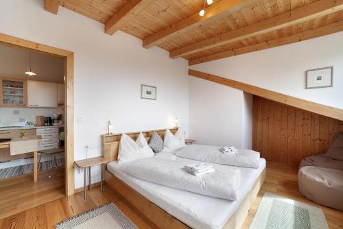 een slaapkamer met een groot wit bed in een kamer bij Ferienwohnungen Zwick Valmeina in Burgusio