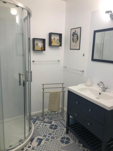 La salle de bains est pourvue d'un lavabo et d'une douche. dans l'établissement Chambre d'Hôtes Les Bacquerins, à Sainte-Hélène
