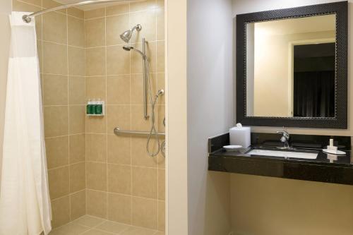 a bathroom with a shower and a sink and a mirror at Fairfield Inn & Suites San Diego Old Town in San Diego