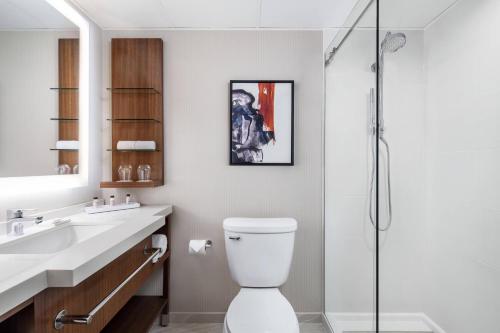 e bagno con servizi igienici, lavandino e doccia. di Delta Hotels by Marriott Green Bay a Green Bay