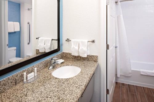 a bathroom with a sink and a mirror at Residence Inn Boston Dedham in Dedham