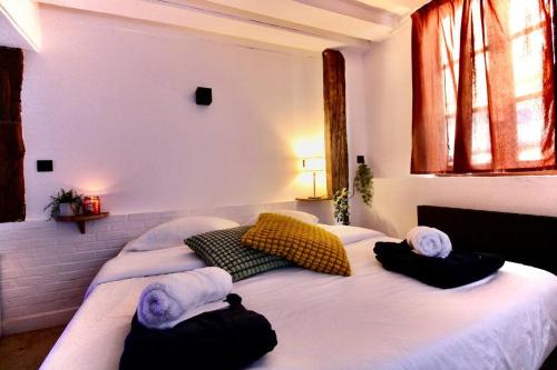 a bedroom with two beds with pillows on them at Le Spa Beauvoisine - Jacuzzi Sauna Rouen centre Free parking in Rouen