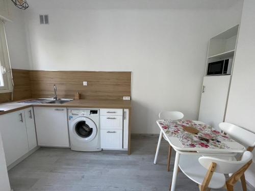 une cuisine avec une machine à laver et une table dans l'établissement Les Geraniums, à Nice