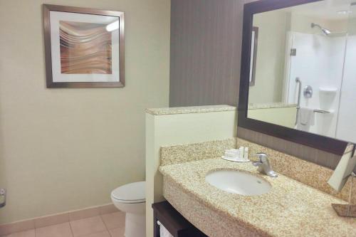 a bathroom with a sink and a toilet and a mirror at Courtyard by Marriott Owensboro in Owensboro
