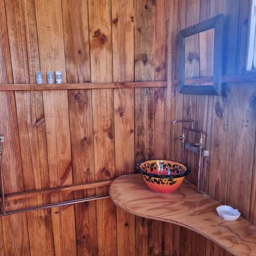 a bathroom with a bowl on a wooden wall at Pom Gratz - EcoDomes in Hartebeest Rivier