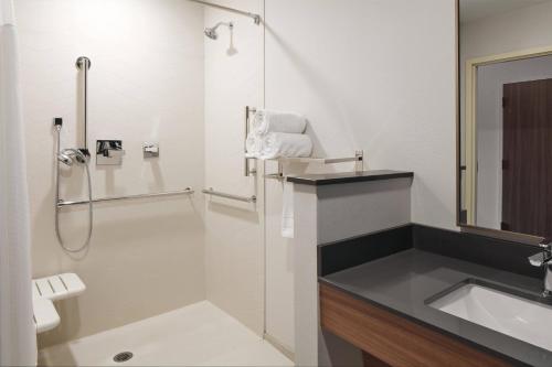a white bathroom with a sink and a shower at Fairfield Inn & Suites Louisville New Albany IN in New Albany
