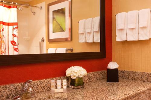 a bathroom with a sink and a mirror and towels at Courtyard by Marriott Alexandria Pentagon South in Alexandria