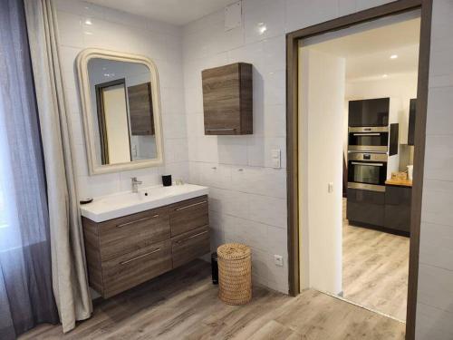 uma casa de banho com um lavatório e um espelho e uma cozinha em Appartement avec baignoire - Hautvillers em Hautvillers