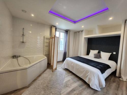 ein Schlafzimmer mit einem Bett und einer Badewanne sowie einem Bett und einer Badewanne in der Unterkunft Appartement avec baignoire - Hautvillers in Hautvillers