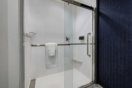 a bathroom with a shower with a glass door at Fairfield Inn & Suites by Marriott Milwaukee Brookfield in Brookfield