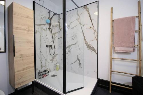 La salle de bains est pourvue d'une douche et d'un mur en marbre. dans l'établissement Ravissant trois pièces : Proche des Quais !, à Rouen