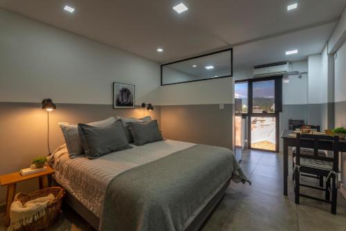 een slaapkamer met een bed, een bureau en een raam bij Departamento céntrico con estacionamiento gratis in San Salvador de Jujuy