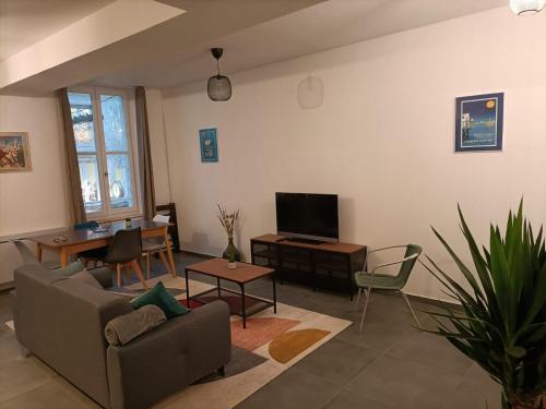 a living room with a couch and a tv at Appartement Saintes, centre historique in Saintes