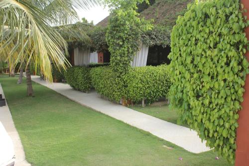 a building with green hedges next to a sidewalk at Villa Le Petit Paradis Saly Boutique Hotel in Ngaparou