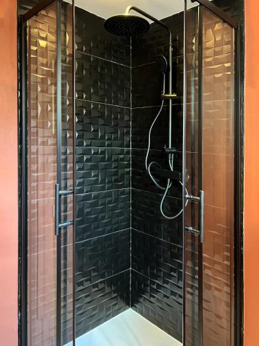 d'une douche avec du carrelage noir et un pommeau de douche. dans l'établissement L'Arc-en-Ciel Scandinave - Séjour unique et design au cœur de Rouen, à Rouen
