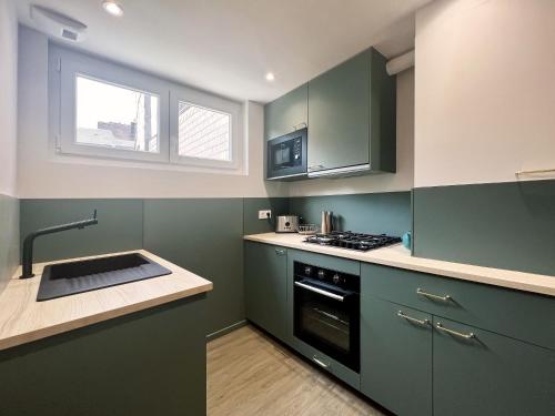 - une cuisine verte avec évier et cuisinière dans l'établissement L'Arc-en-Ciel Scandinave - Séjour unique et design au cœur de Rouen, à Rouen