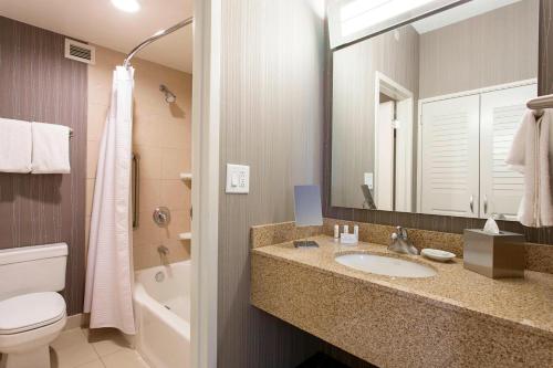 a bathroom with a sink and a toilet and a mirror at Courtyard Rochester Brighton in Rochester