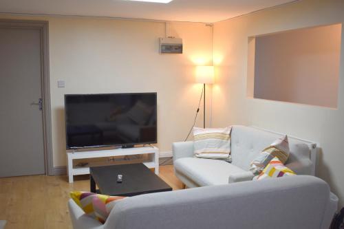 a living room with a couch and a flat screen tv at Double Bed Room in Flat near Birmingham City Centre in Birmingham