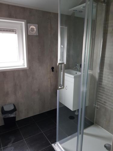 a bathroom with a shower and a sink at De Bijsselse Enk, Noors chalet 15 in Nunspeet