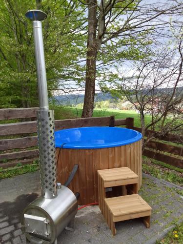 a hot tub and a grill next to a tree at Willa Wiślok in Wisła