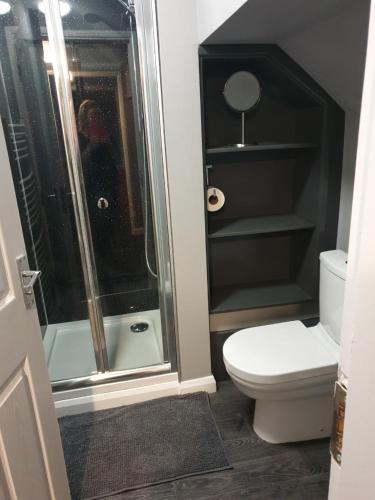 a bathroom with a shower and a white toilet at 4 Bed Sleeps 8 On-Road Parking WiFi in Brassington