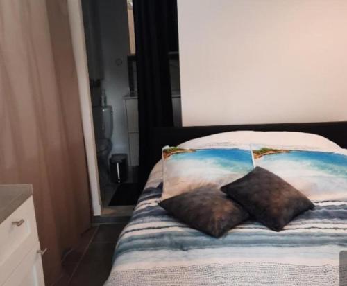uma cama com duas almofadas em cima em Mer et soleil em Le Pradet