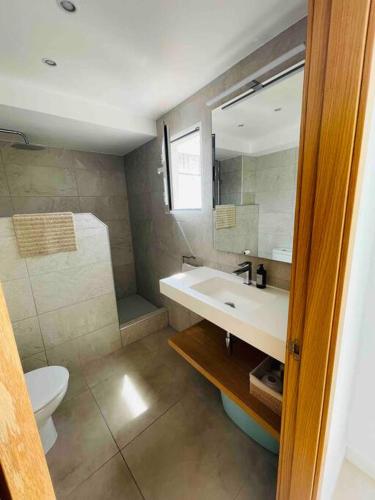 a bathroom with a sink and a toilet and a mirror at Attic apartment in old town in Denia