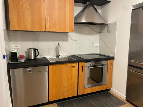 a kitchen with wooden cabinets and a sink at HOLIDAY APARTMENTS GIULIA - Blue in Pietramurata