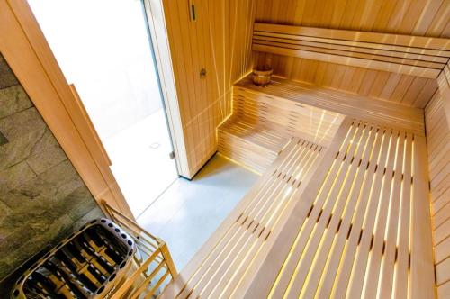 an overhead view of a staircase in a wine cellar at Rewal Blue Sun Hevenia in Rewal