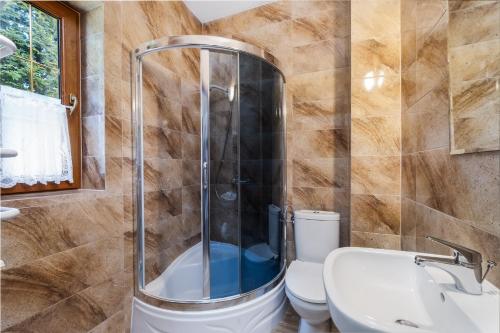 een badkamer met een douche, een toilet en een wastafel bij Dom Wypoczynkowy California in Jantar