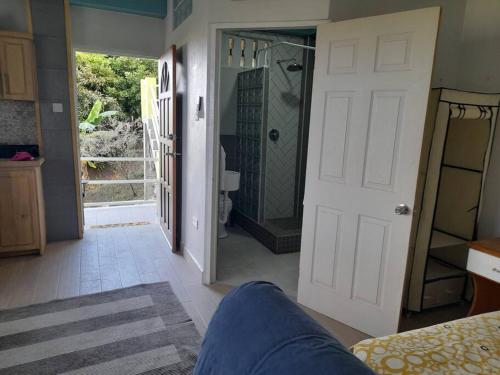 um quarto com uma porta que leva a uma casa de banho em Tranquility with Stunning View em Morne Jaloux Ridge