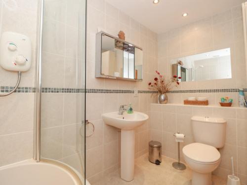 a bathroom with a toilet sink and a shower at Topside in Salcombe