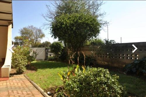 a backyard with a fence and a tree and grass at House of creations in Diepkloof