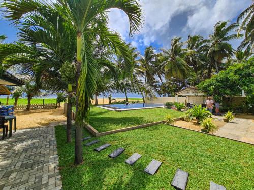 a palm tree in a park with a swimming pool at Star Beach Guest House in Negombo