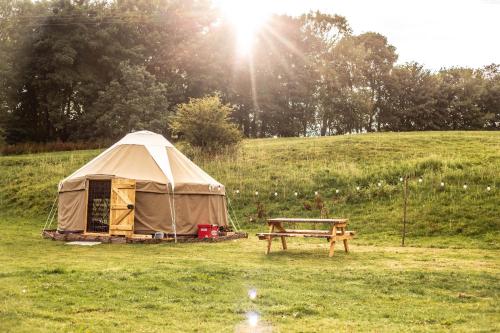 a tent and a picnic table in a field at Acre & Shelter Yurt and Bell Tents at Bramham Horse Trials in Leeds