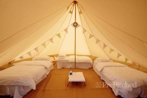 a tent with three beds and a table in it at Acre & Shelter Yurt and Bell Tents at Bramham Horse Trials in Leeds