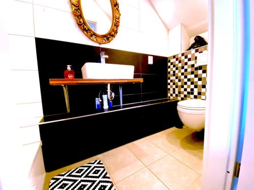 ein Badezimmer mit einem weißen WC und einem Spiegel in der Unterkunft VILLA ORCHARD Frankfurt in Zeilsheim