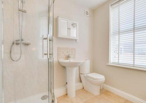 a bathroom with a toilet and a sink and a shower at Brownsman in Seahouses