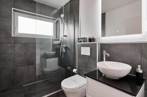 a bathroom with a toilet and a sink and a shower at Haus Deepensoll 39 Ankerplatz in Pelzerhaken