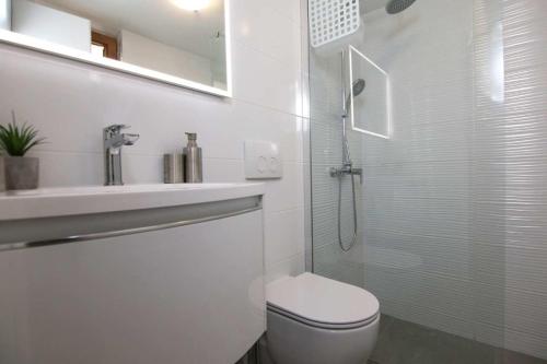 a bathroom with a toilet and a sink and a shower at Dalmatian stone house with swimming pool near Supetar in Supetar