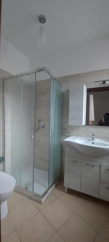 een badkamer met een glazen douche en een wastafel bij LA CASA DI NONNA GIOVANNA in Fiumedinisi