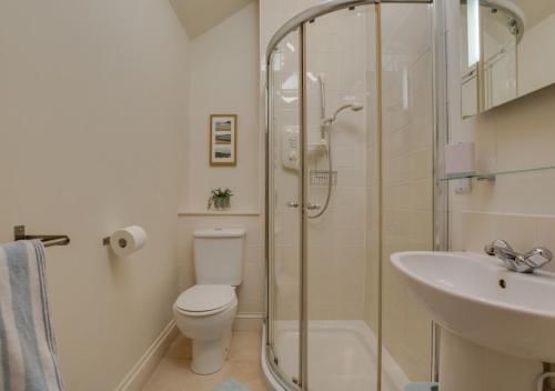 a bathroom with a shower and a toilet and a sink at Chy Vean in Padstow